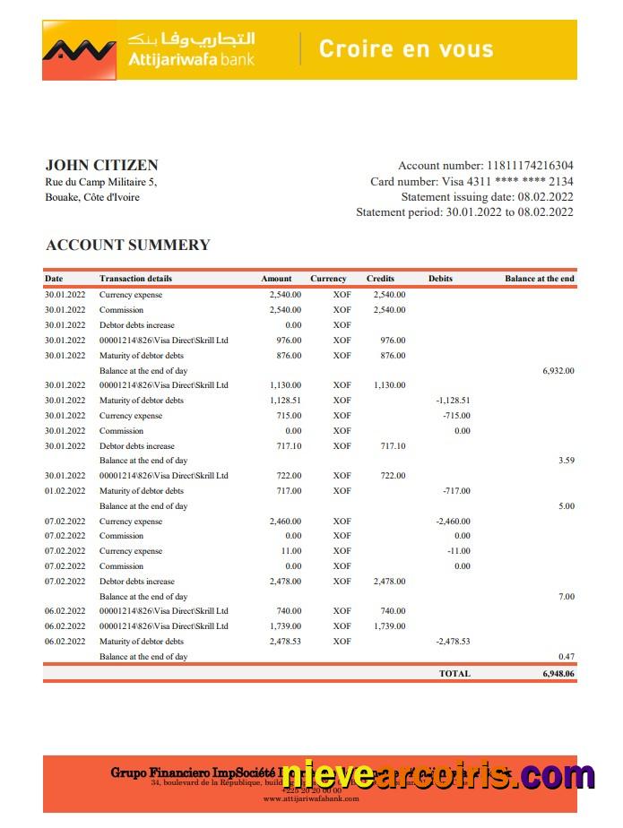 Cote d'Ivoire Attijariwafa bank statement xls